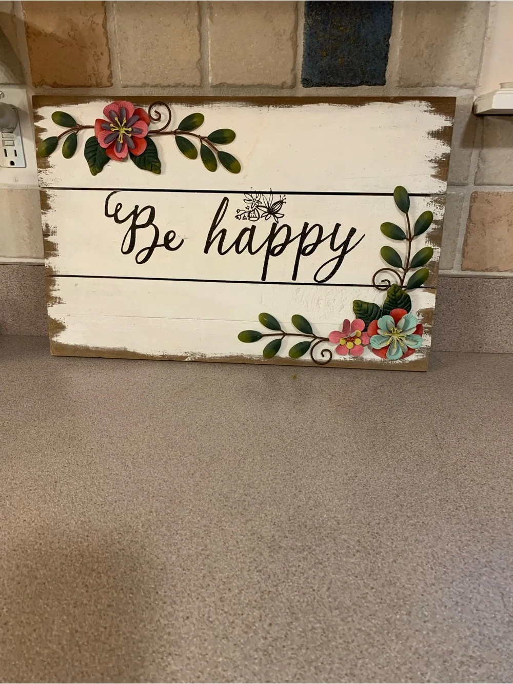 Be Happy Floral Wood Sign - White with Pink & Teal metal accent Flowers